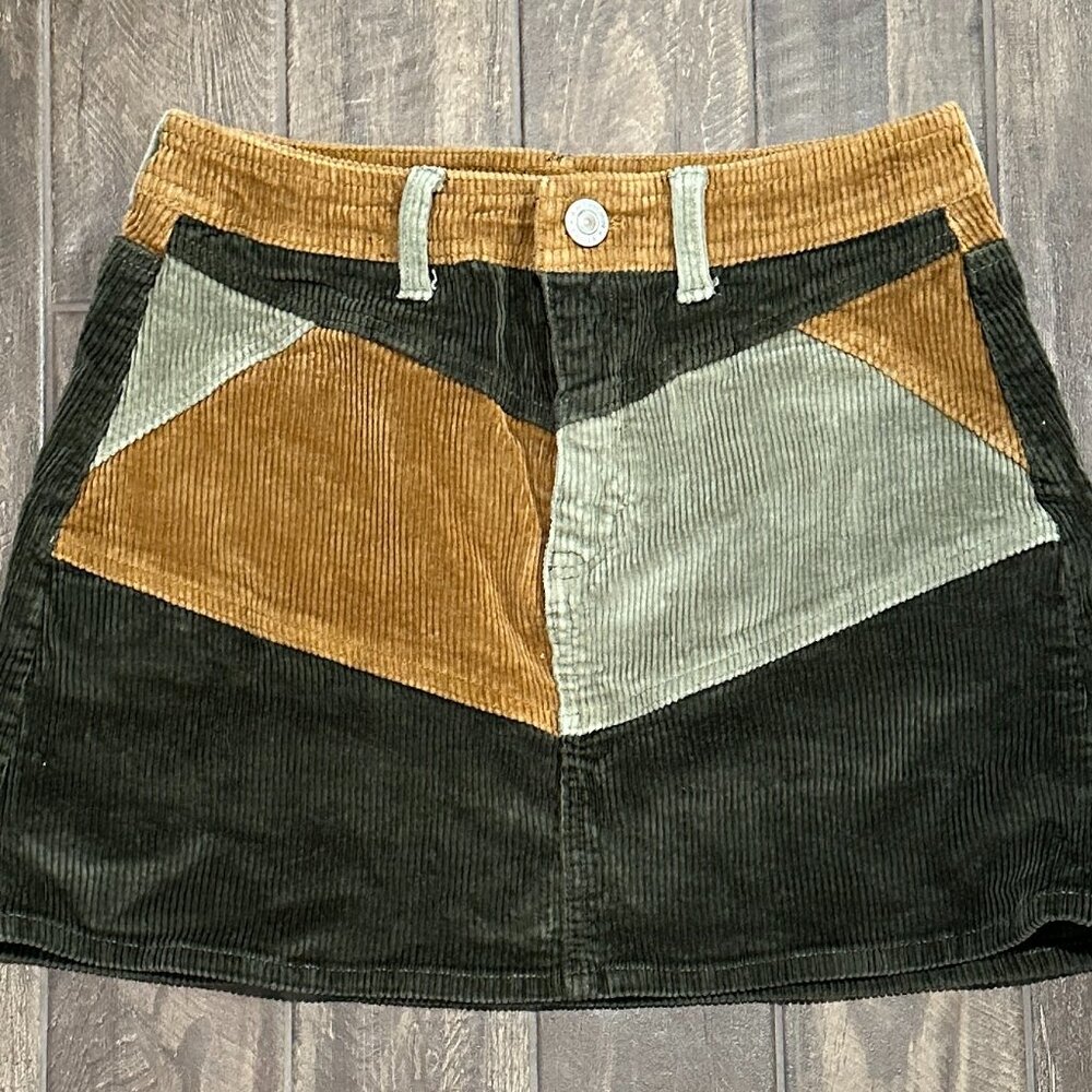 American Eagle Corduroy Mini Skirt SIZE 4 Patchwork Olive Green, Tan, & Brown